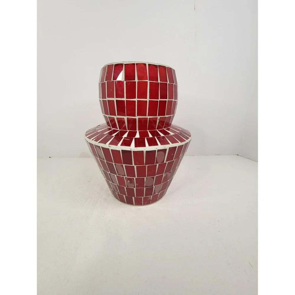 Red Mosaic Glass Mushroom Votive Candle Holder Two Piece Stained Glass Decor